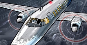 Illustrated image of twin-engine aircraft flying in stormy conditions