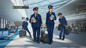 Scandlearn illustration of flight crew walking through airport gate