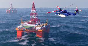 Beautiful 3D image of helicopter approaching oil rig out at sea