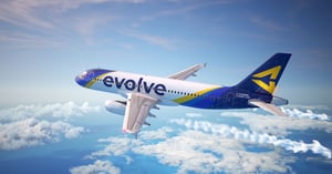 3D image of an Airbus A320 with Scandlearn Evolve livery flying atop the clouds.