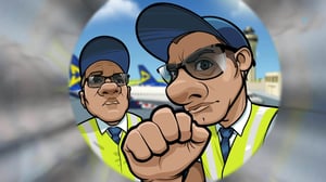 Illustrated pov image of two aviation inspectors knocking on a door